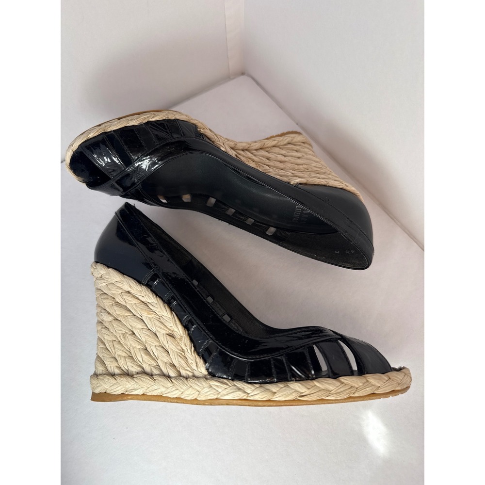 Stuart Weitzman Wedge Sandals Womens 6.5 Black Patent Espadrille Caged Peep Toe - Picture 10 of 11
